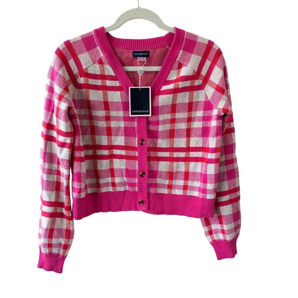 Andy & Evan Pink Checkered Girls 16 / XL NWT Cotton V-Neck Button Front School